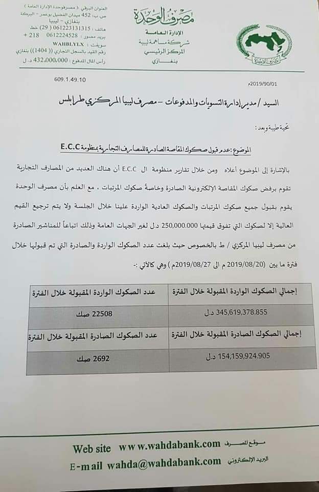 مصرف الوحدة ببنغازي يطالب "مركزي طرابلس" التدخل لقبول الصكوك التابعة له بالمصارف التجارية