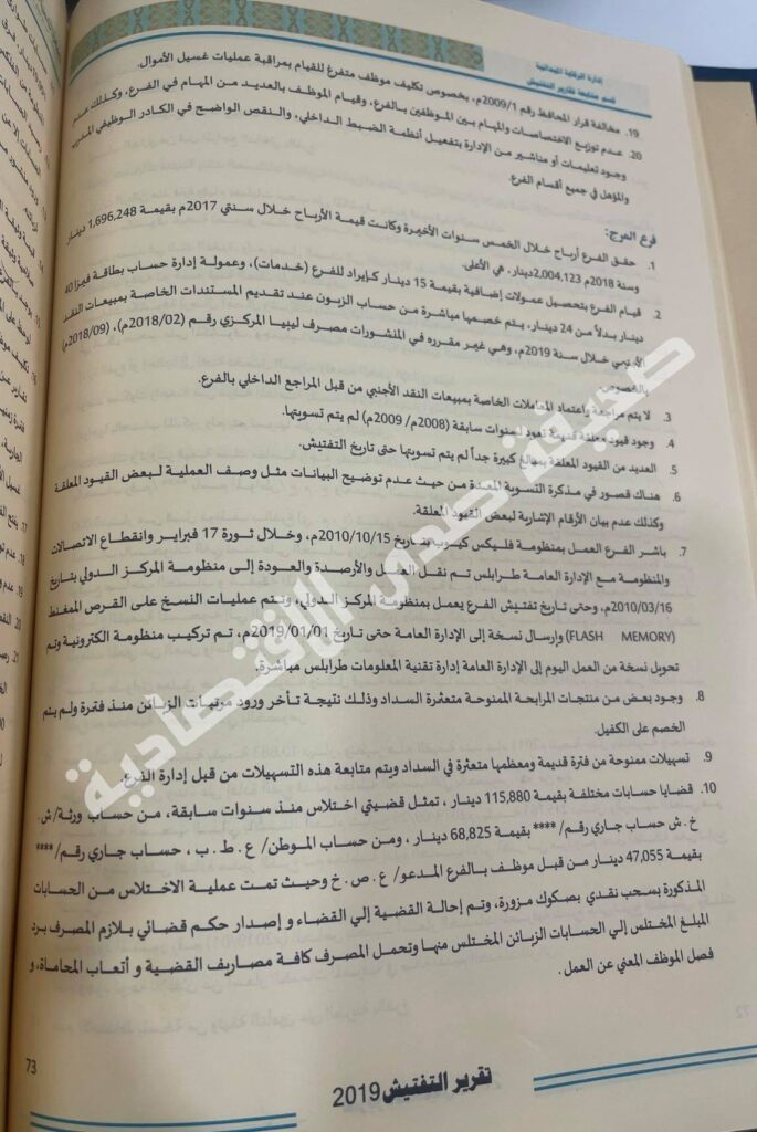 خاص.. تقرير التفتيش 2019 بمركزي البيضاء يفصح عن عمليتي اختلاس بمصرف الجمهورية فرعي "السلفيوم والمرج"