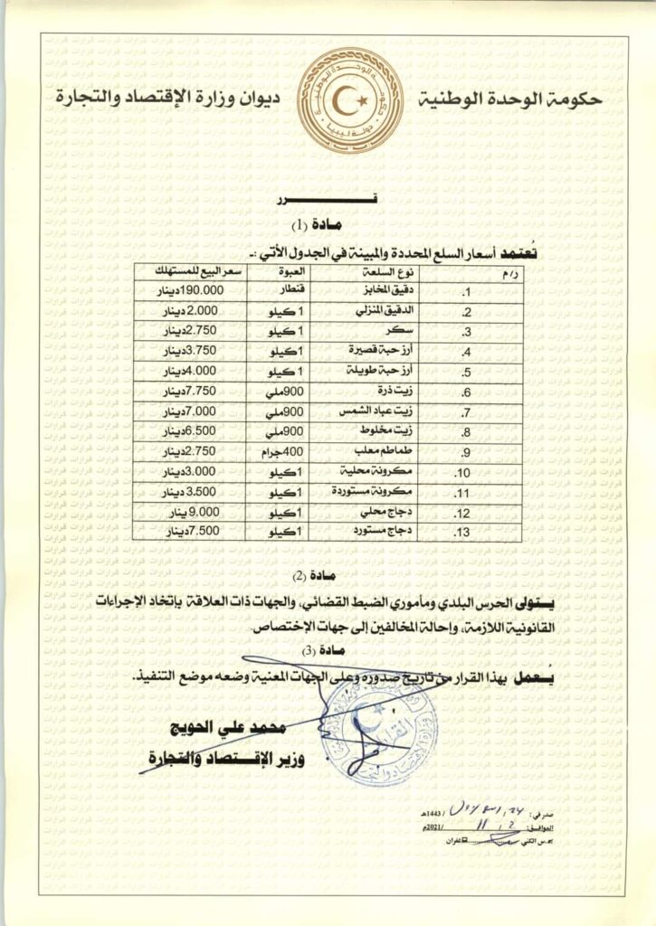 الحويج يصدر قرار بشأن تحديد أسعار بعض السلع