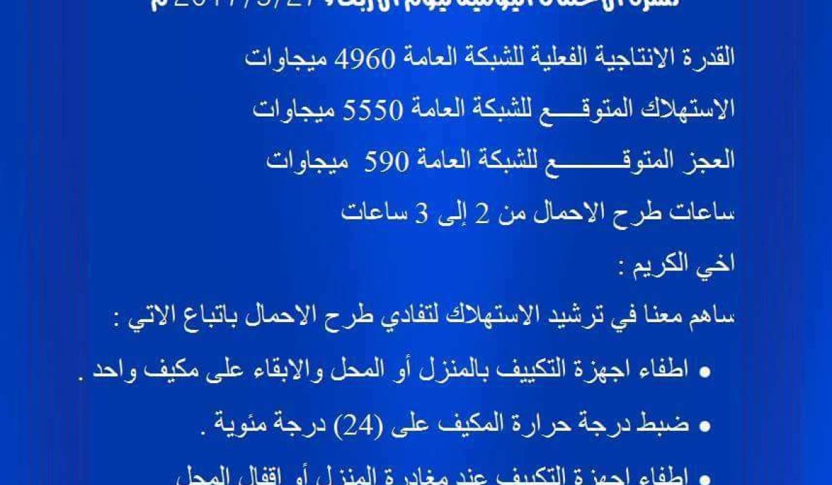 نشرة الأحمال اليومية للشركة العامة للكهرباء
