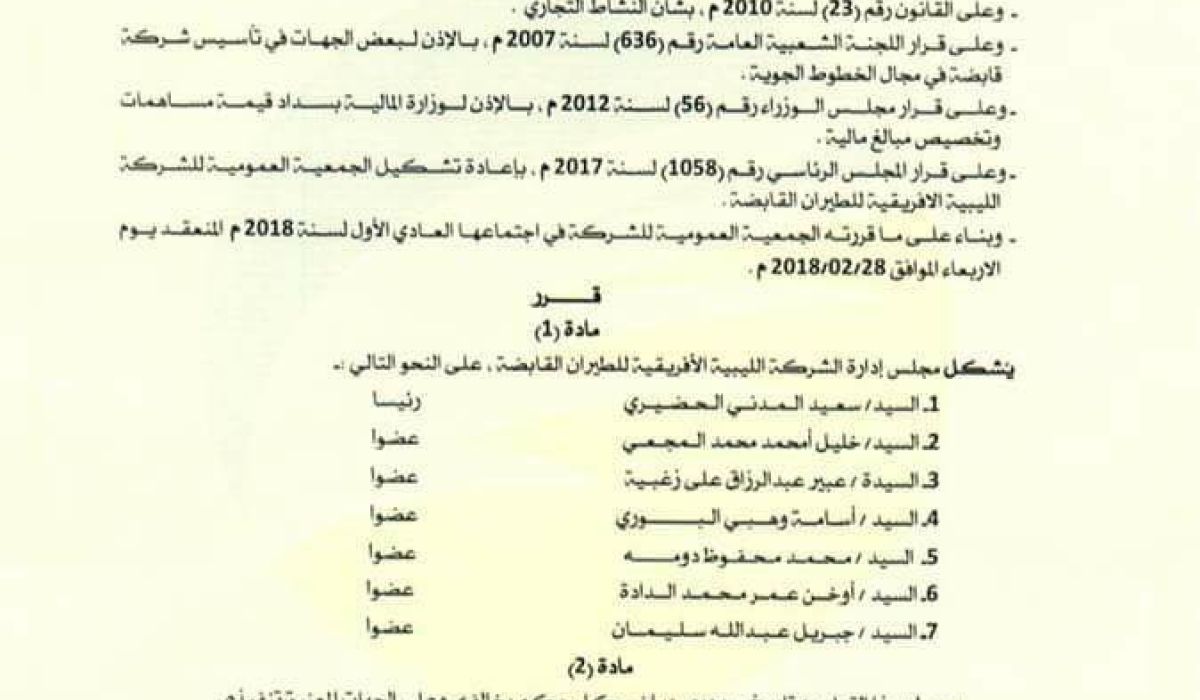 الليبية الأفريقية للطيران القابضة تعيد تشكيل مجلس إدارتها