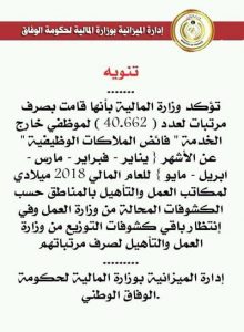 وزارة المالية : إحالة مرتبات فائض الملاك الوظيفي لمكاتب العمل والتأهيل