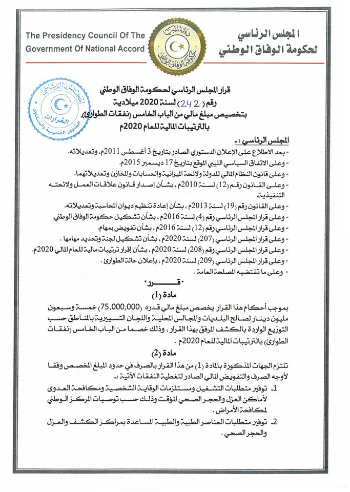 المجلس الرئاسي يخصص 75 مليون دينار للبلديات لمجابهة فيروس كورونا