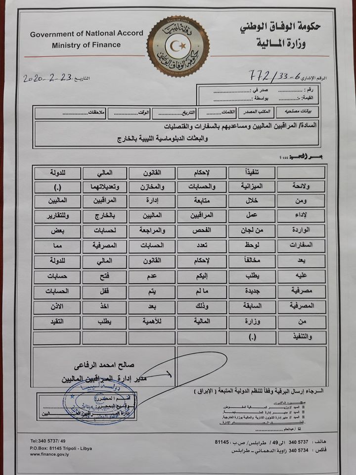 مالية الوفاق تُطالب السفارات بالخارج بعدم فتح حسابات مصرفية جديدة