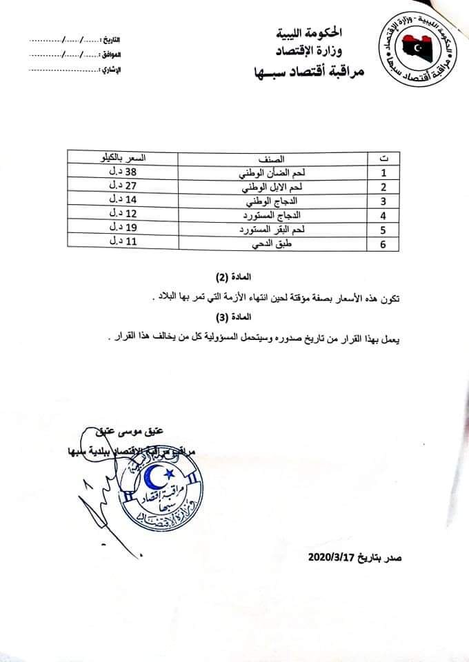 مراقبة اقتصاد سبها تُحدد أسعارًا جديدة للخضروات واللحوم والمواد الغذائية