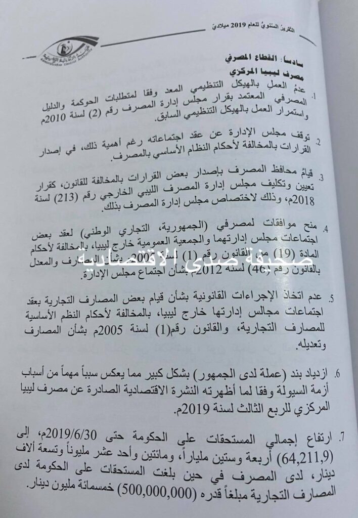 حصري لصدى: تقرير الرقابة الإدارية 2019 يكشف مخالفات بالبنك المركزي طرابلس ... وتفرد "الكبير" بمنح مكافآت شهرية لأعضاء المصرف الخارجي