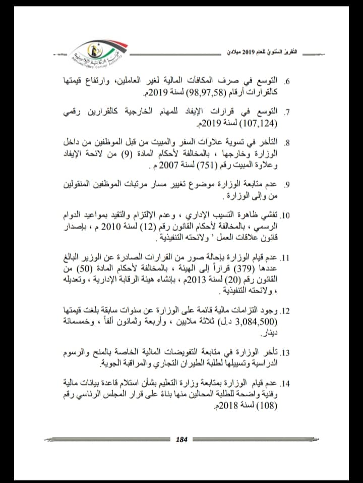 من ضمنها تفشي ظاهرة التسيب الإداري.. الرقابة الإدارية تكشف مخالفات وزارة المواصلات