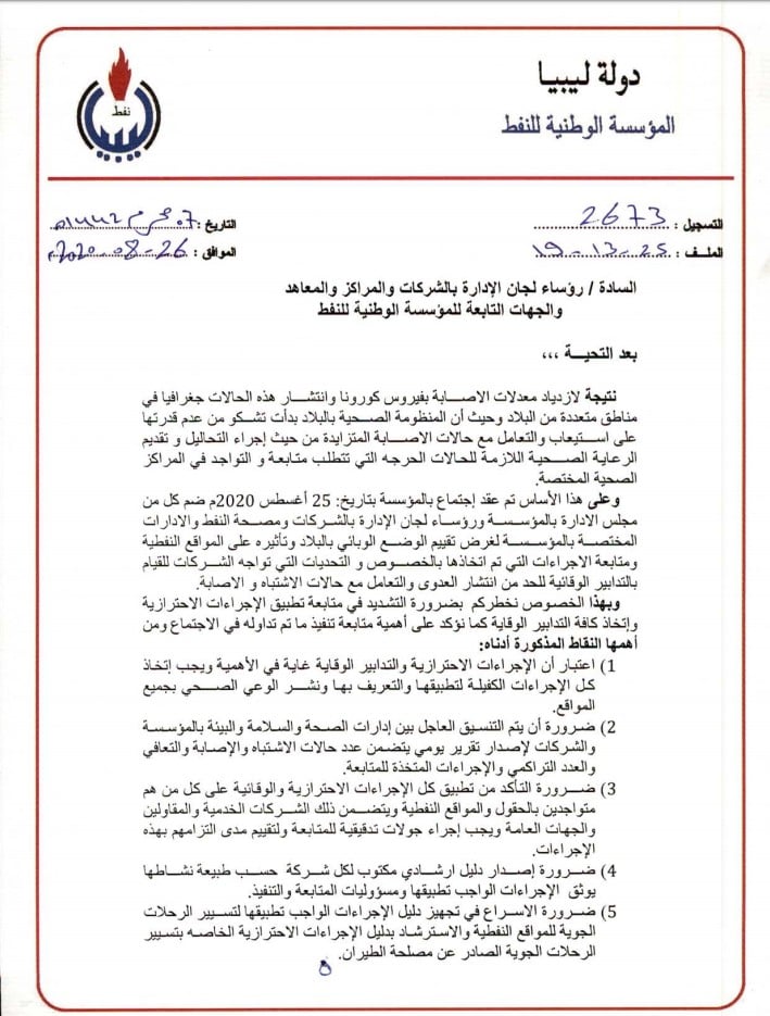 مع تزايد حالات الإصابات بالفيروس.. الوطنية للنفط تضع شروط جديدة لحماية العاملين