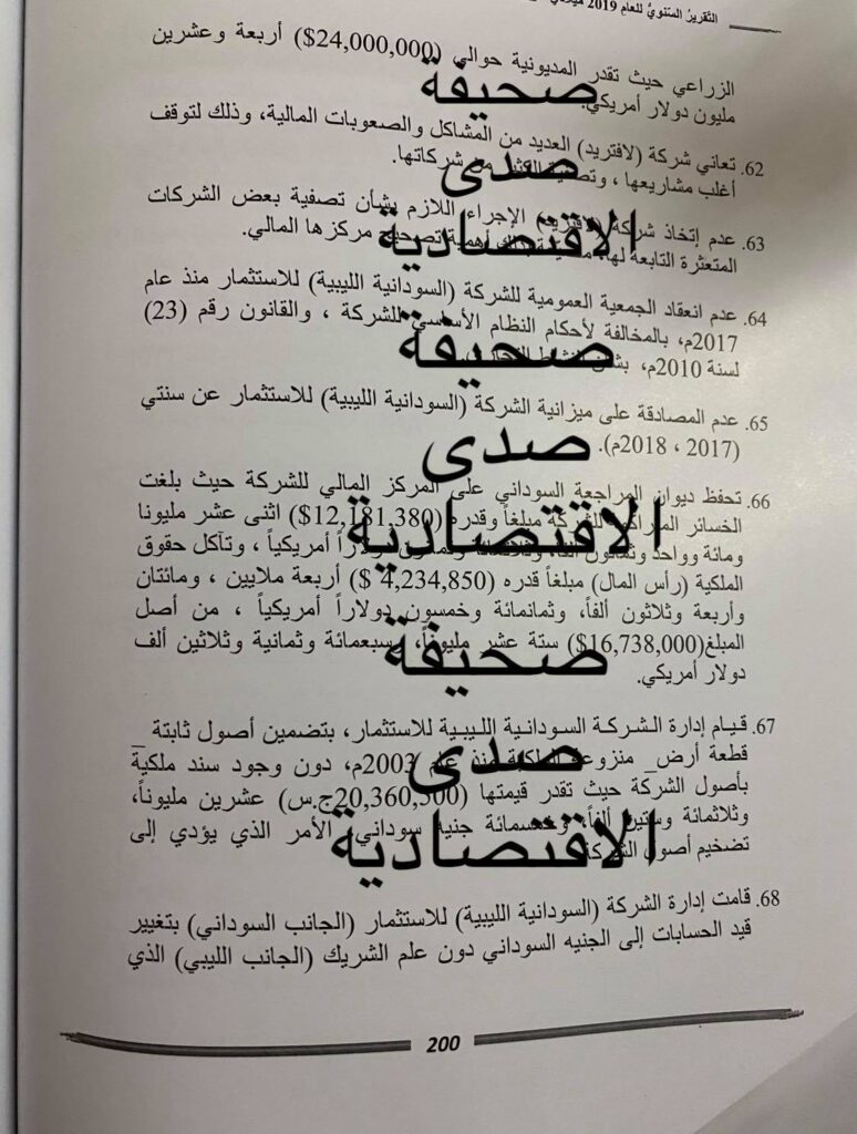خاص: تقرير الرقابة 2019 يكشف تعثر الأوضاع المالية لعدد من شركات الليبية للاستثمارات ...و تفشي الفساد بالسودانية للاستثمار و تآكل رأس مالها