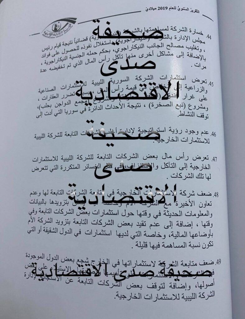 حصري لصدى .. فساد كبير وخسائر تكشفها "الرقابة الإدارية" بتقريرها لسنة 2019 تخص الليبية للاستثمارات الخارجية والشركات التابعة لها