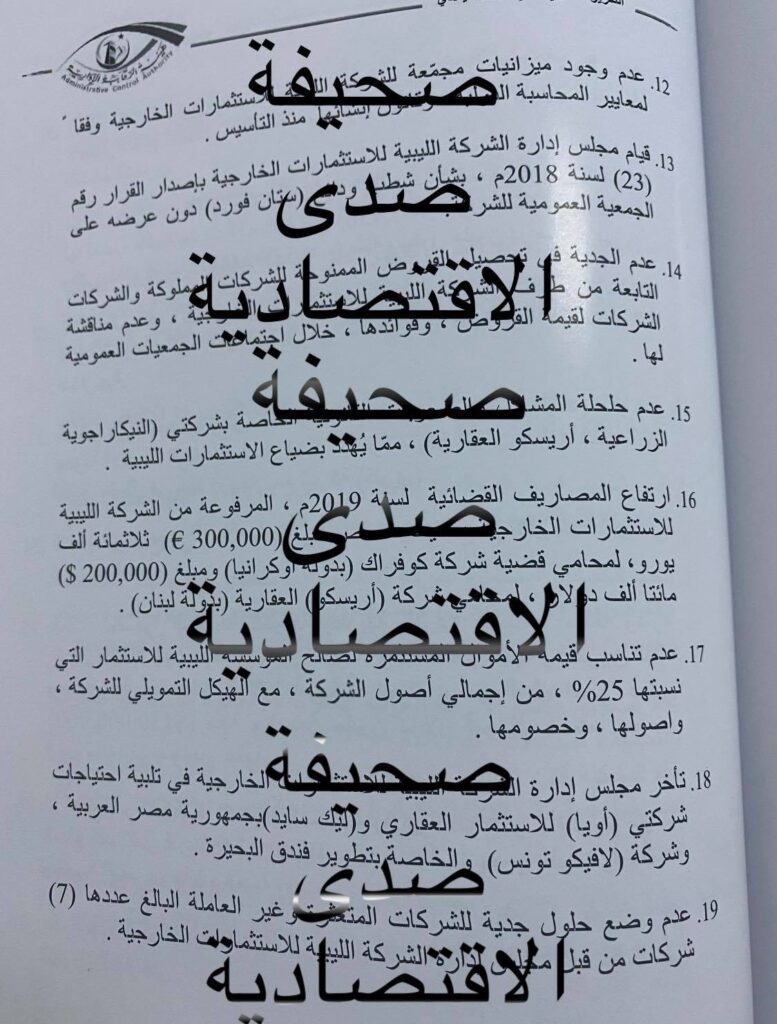 حصري لصدى .. فساد كبير وخسائر تكشفها "الرقابة الإدارية" بتقريرها لسنة 2019 تخص الليبية للاستثمارات الخارجية والشركات التابعة لها