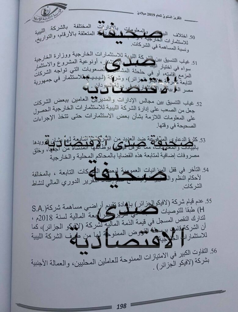 حصري لصدى .. فساد كبير وخسائر تكشفها "الرقابة الإدارية" بتقريرها لسنة 2019 تخص الليبية للاستثمارات الخارجية والشركات التابعة لها