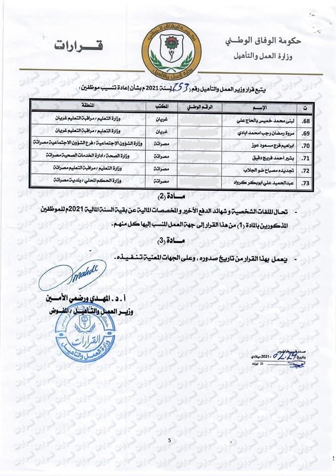 وزير العمل يصدر قراراً بإعادة تنسيب عدد من موظفي المؤتمرات ومؤتمر الشعب العام سابقاً