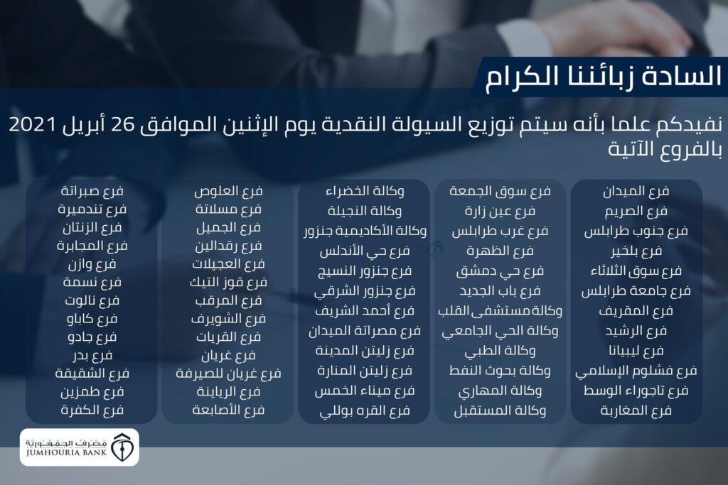 مصرف الجمهورية يعلن عن توزيع السيولة يوم غدٍ الاثنين في عددٍ من فروعه