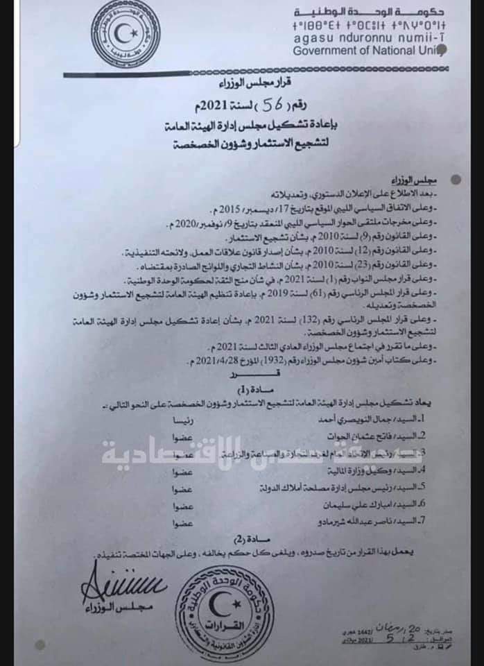 مجلس الوزارة بالوحدة الوطنية يصدر قرار إعادة تشكيل مجلس إدارة الهيئة العامة لتشجيع الإستثمار وشؤون الخصخصة
