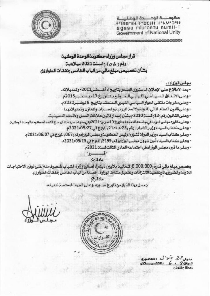 حكومة الوحدة الوطنية تخصص 8 مليون لصالح وزارة الشباب