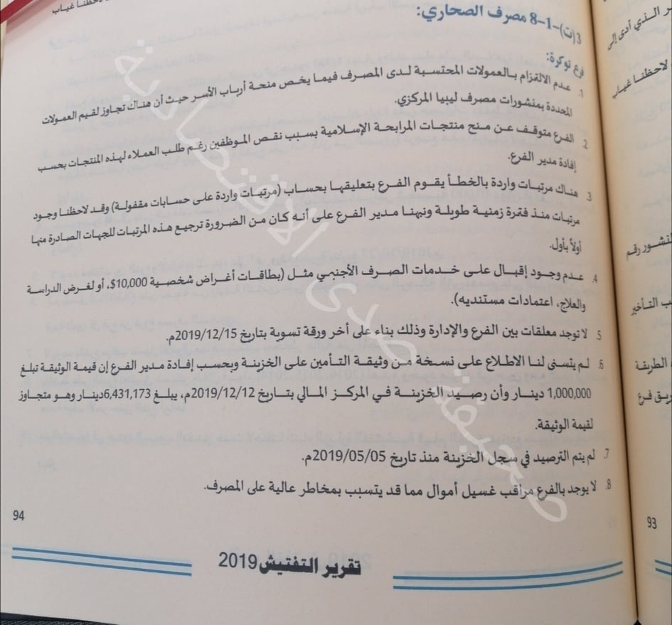 خاص..تقرير التفتيش 2019 بمركزي البيضاء يرصد مخالفات ببعض فروع مصرف الصحاري