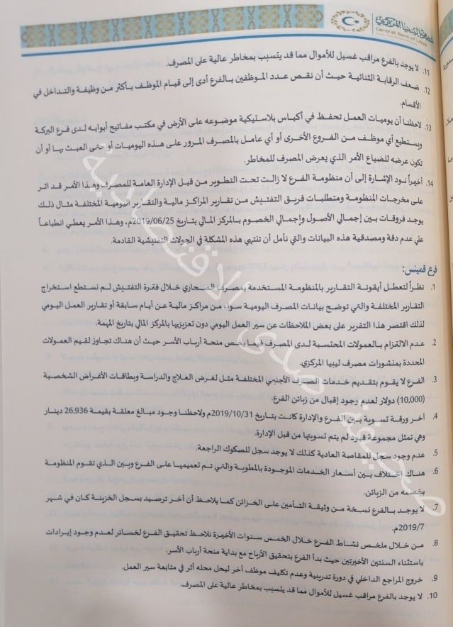 خاص..تقرير التفتيش 2019 بمركزي البيضاء يرصد مخالفات ببعض فروع مصرف الصحاري
