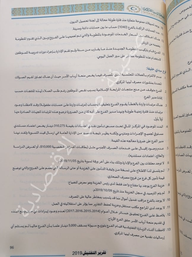 خاص..تقرير التفتيش 2019 بمركزي البيضاء يرصد مخالفات ببعض فروع مصرف الصحاري