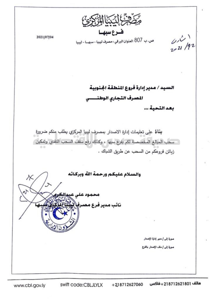خاص.. مراسلات مركزي فرع سبها إلى البنوك لرفع سقف السحب ..تعرف على التفاصيل