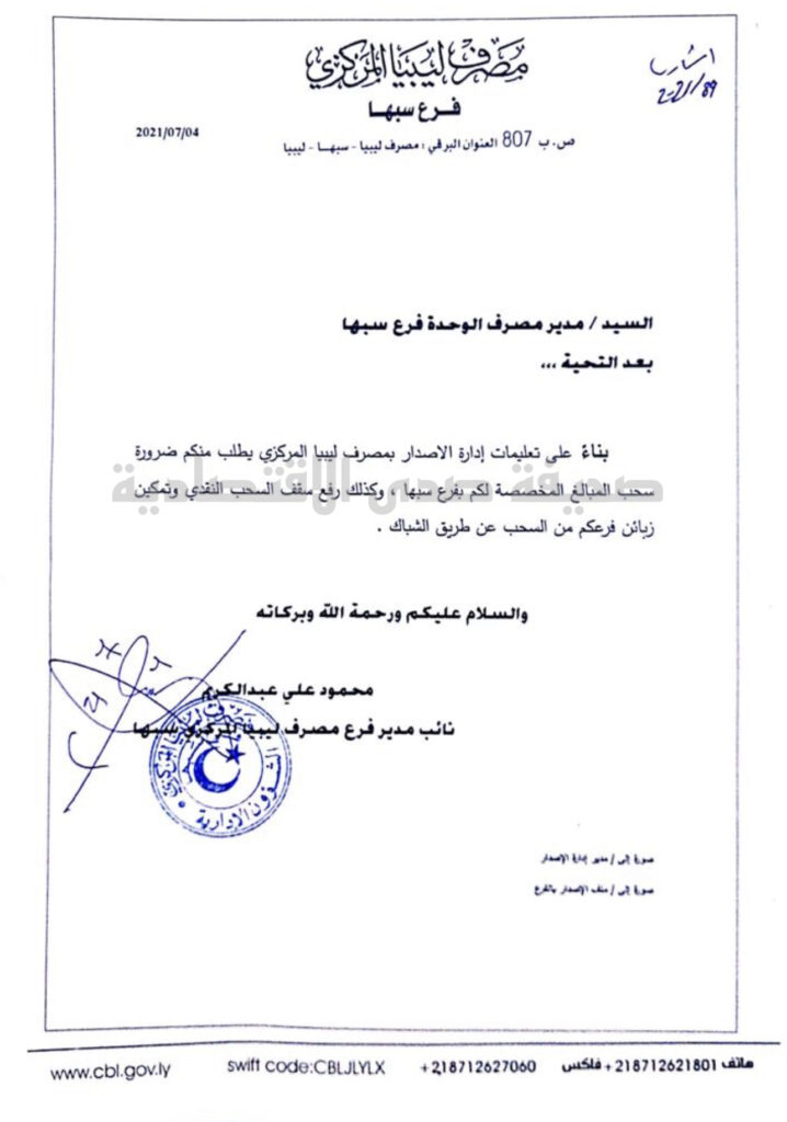 خاص.. مراسلات مركزي فرع سبها إلى البنوك لرفع سقف السحب ..تعرف على التفاصيل