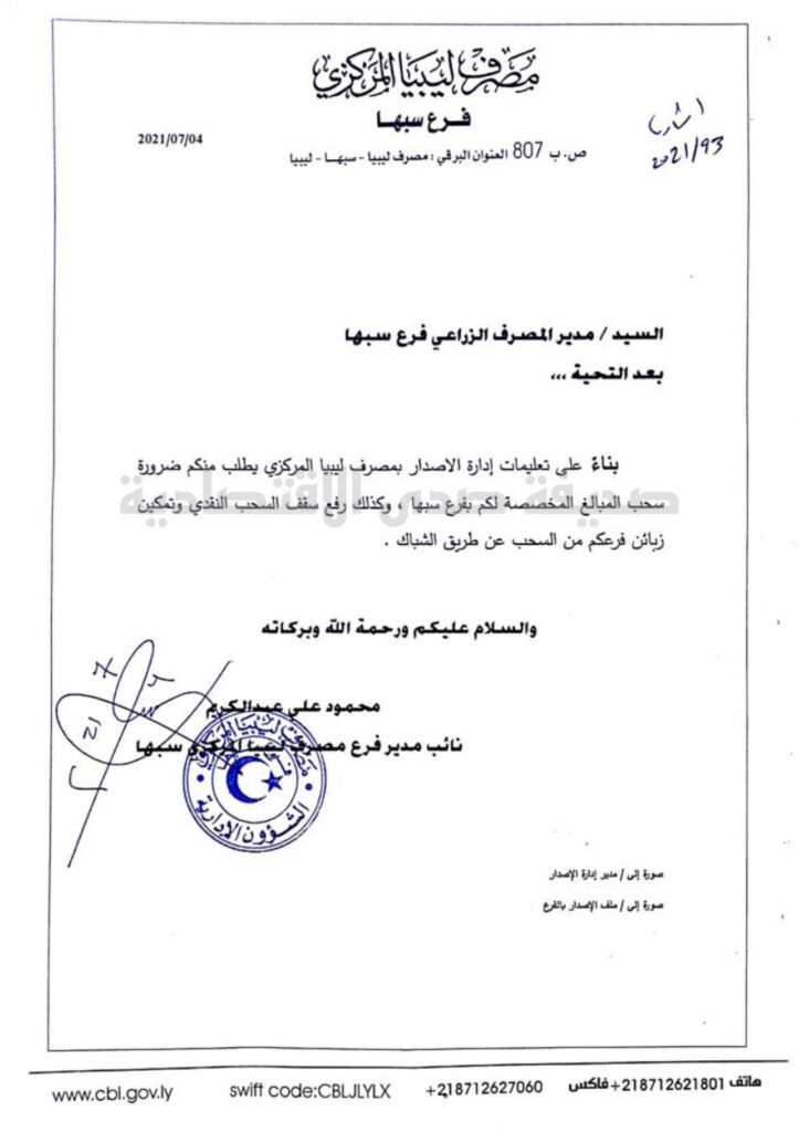خاص.. مراسلات مركزي فرع سبها إلى البنوك لرفع سقف السحب ..تعرف على التفاصيل