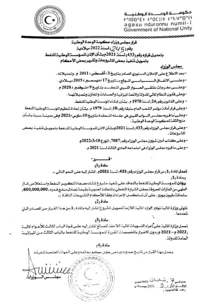 حكومة الوحدة الوطنية تعطي الإذن لإنشاء مصفاة داخل حقل الشرارة النفطي بقيمة 600 مليون يورو