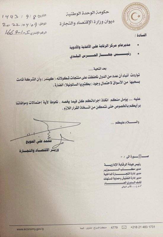 "الحويج" يوجه مراسلة تقتضي باتخاذ الإجراءات اللازمة حيال ورود بأن عدد من الدول تحفظت على منتجات شكولاته كيندر