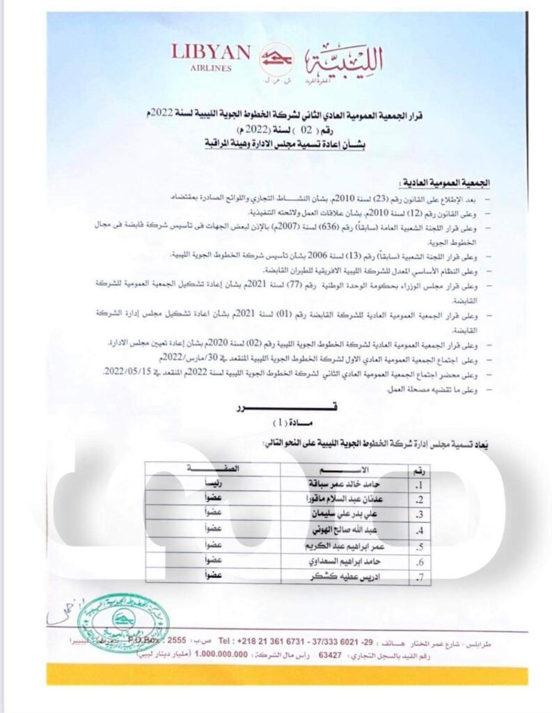 خاص: الخطوط الليبية تقوم بإعادة تسمية أعضاء مجلس إدارتها وهيئة المراقبة بالشركة