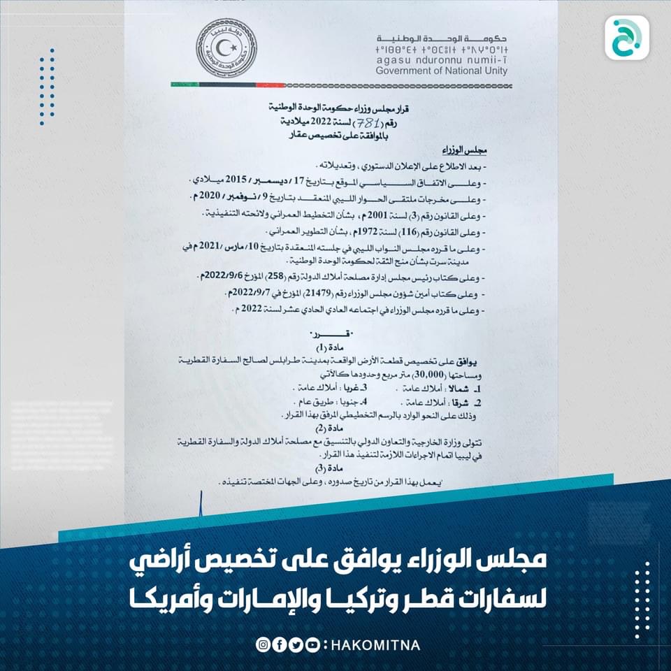 مجلس وزراء الوحدة الوطنية يوافق على المعاملة بالمثل للدول التي توافق على تخصيص أراضي لصالح السفارات الليبية