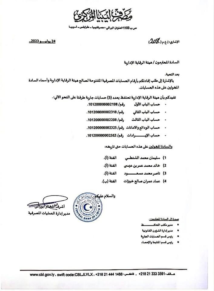 خاص.. المركزي يؤكد بأن "الشنطي" ضمن المخولين بالتوقيع على حسابات الرقابة الإدارية