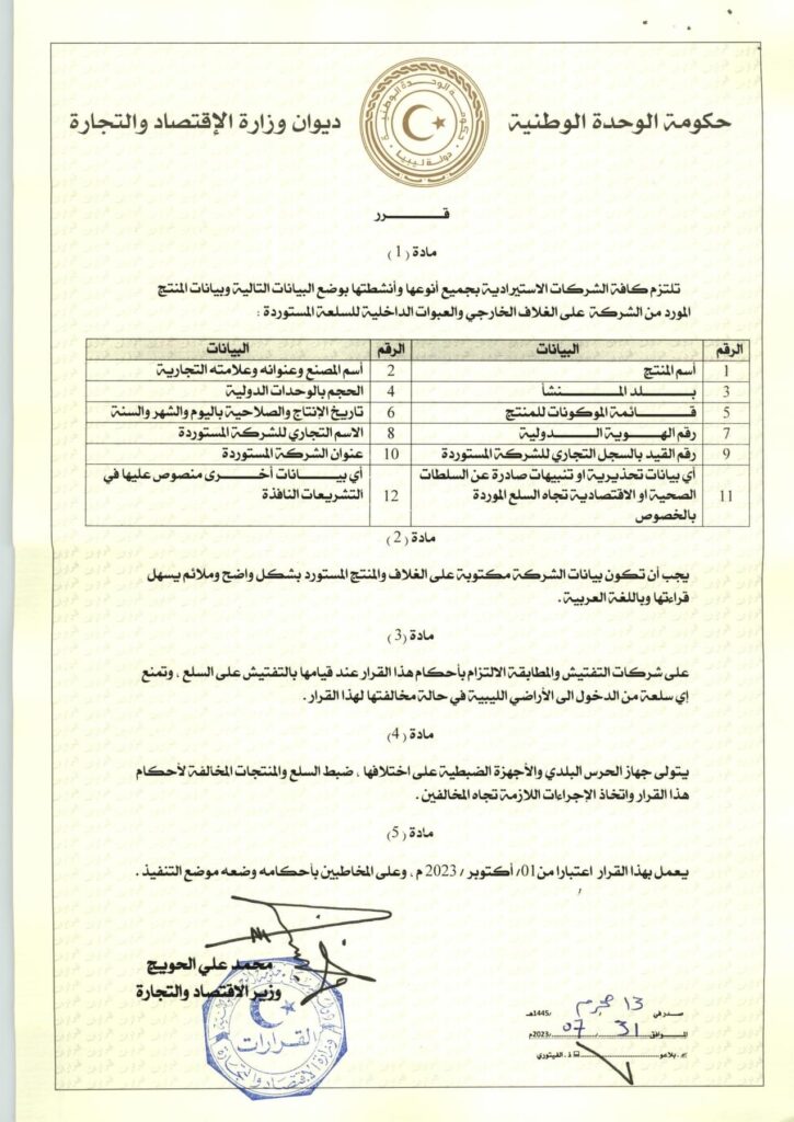 "الحويج " يصدر قرار بشأن تنظيم استيراد السلع وتقرير حكم.