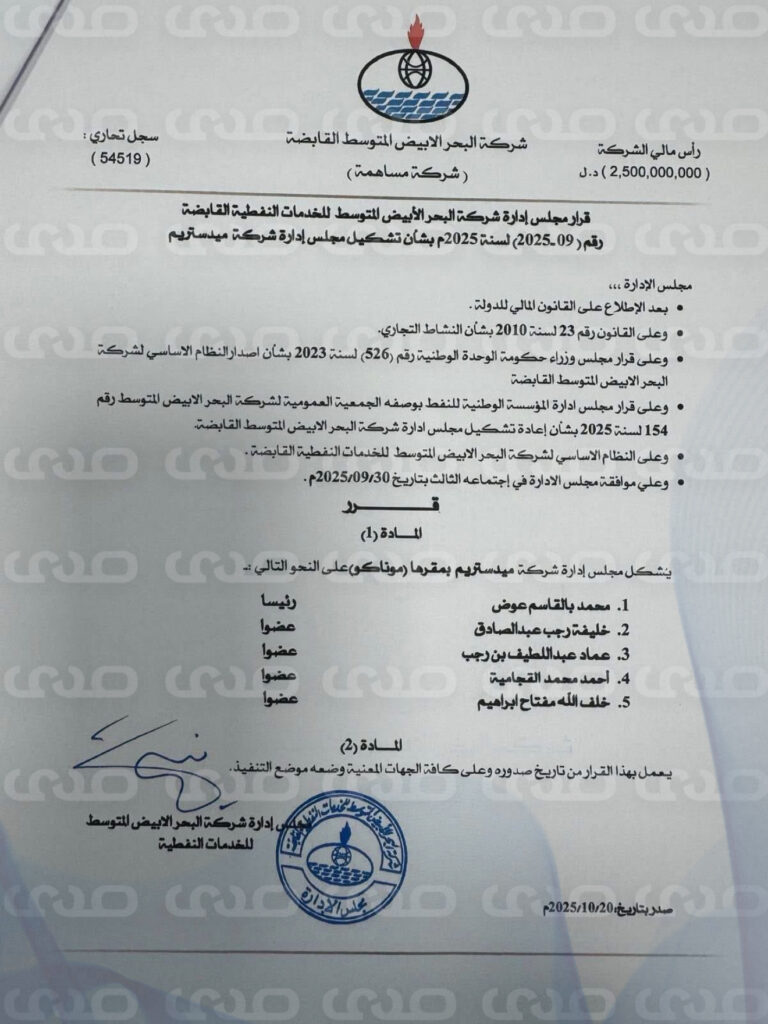 خاص.. "البحر الأبيض المتوسط” تكشف عن إنشاء شركة جديدة للتشغيل والصيانة مع إعادة تشكيل مجلس إدارتها