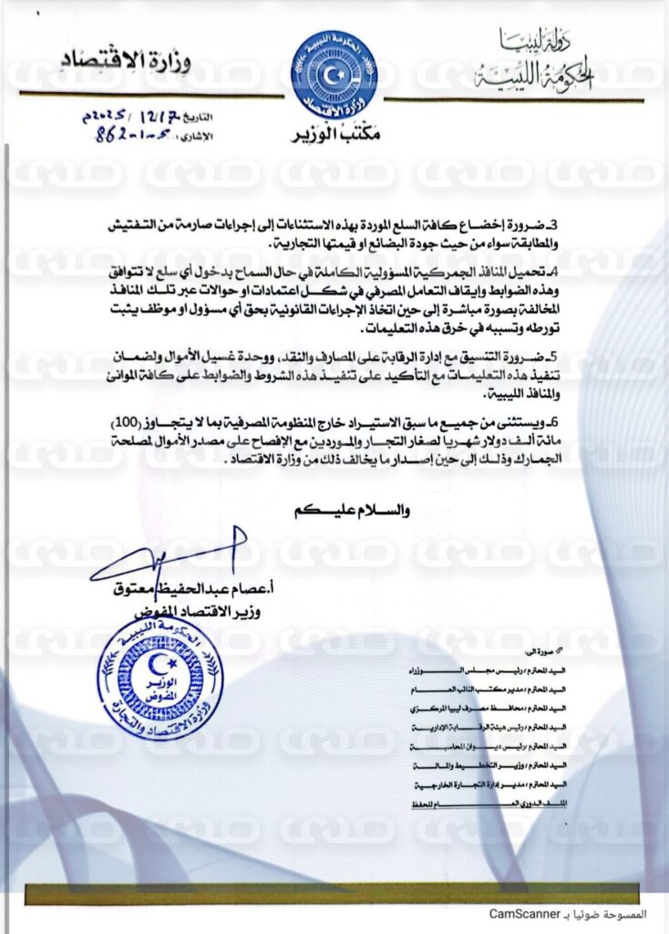 خاص.. الاقتصاد بالحكومة الليبية تقرر حظر الاستيراد والتصدير إلا من خلال العمليات المصرفية.. وهذا ما عممته على الجمارك