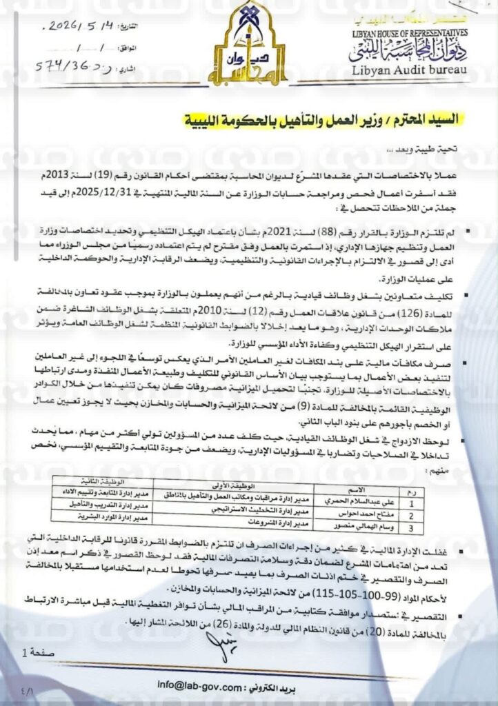 خاص.. ديوان المحاسبة المنطقة الشرقية يرصد فساد في وزارة العمل بالحكومة الليبية التابعة للبرلمان