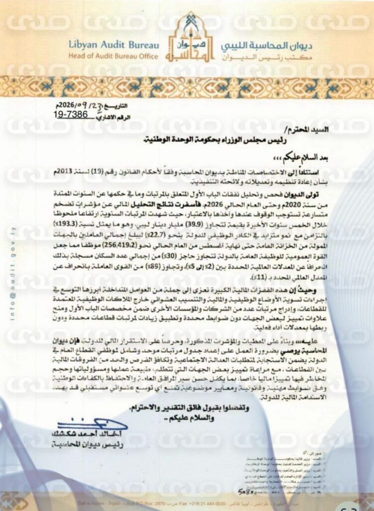 خاص.. صدى تتحصل على نسخة مراسلة "شكشك" للـ"الدبيبة" بمطالبته توحيد المرتبات