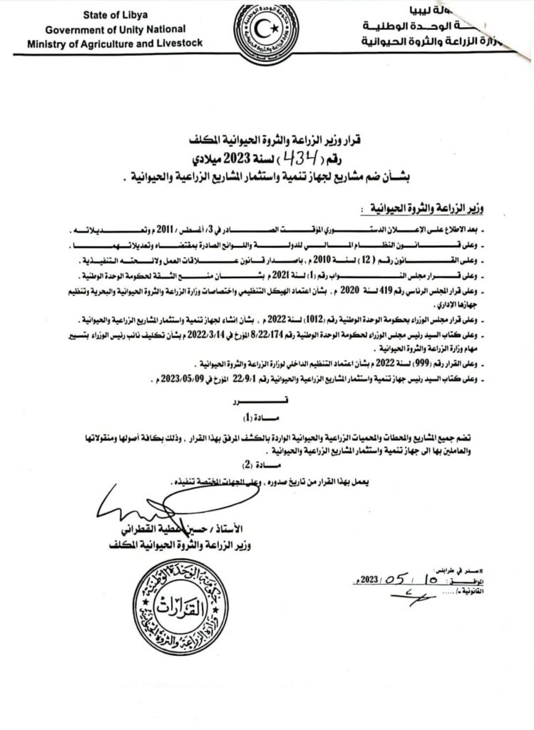 "القطراني" يصدر قراراً بضم المشاريع الزراعية والحيوانية إلى جهاز تنمية واستثمار المشاريع